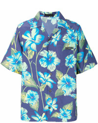 Синяя рубашка с коротким рукавом с цветочным принтом