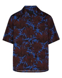 Мужская синяя рубашка с коротким рукавом с цветочным принтом от Prada