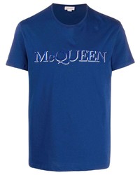 Мужская синяя футболка с круглым вырезом с вышивкой от Alexander McQueen