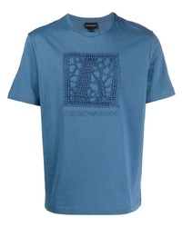 Мужская синяя футболка с круглым вырезом с вышивкой от Emporio Armani