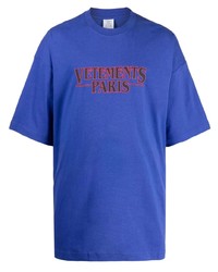 Мужская синяя футболка с круглым вырезом с вышивкой от Vetements