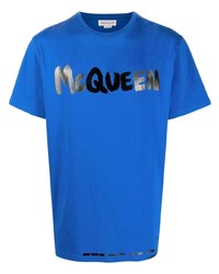 Мужская синяя футболка с круглым вырезом с принтом от Alexander McQueen