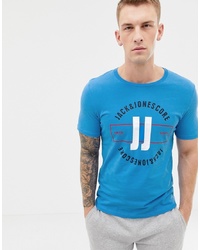 Мужская синяя футболка с круглым вырезом с принтом от Jack & Jones