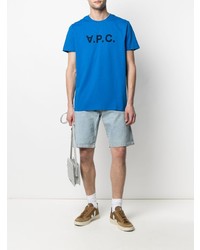 Мужская синяя футболка с круглым вырезом с принтом от A.P.C.