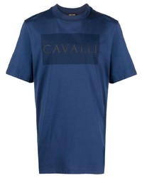 Мужская синяя футболка с круглым вырезом с принтом от Roberto Cavalli