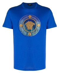 Мужская синяя футболка с круглым вырезом с украшением от Versace