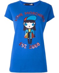 Женская синяя футболка с пайетками с украшением от Love Moschino