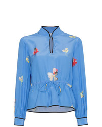 Синяя шелковая блузка с длинным рукавом с цветочным принтом от Ganni