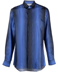 Синяя шелковая рубашка с длинным рукавом в вертикальную полоску