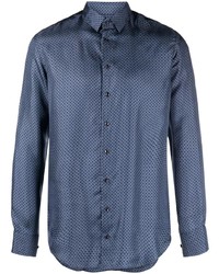 Мужская синяя шелковая рубашка с длинным рукавом с принтом от Giorgio Armani