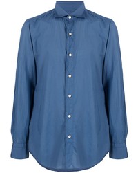 Мужская синяя шелковая рубашка с длинным рукавом от Finamore 1925 Napoli