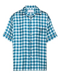 Мужская синяя шелковая рубашка с коротким рукавом в мелкую клетку от Prada