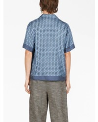 Мужская синяя шелковая рубашка с коротким рукавом с геометрическим рисунком от Gucci