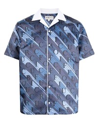 Мужская синяя шелковая рубашка с коротким рукавом с принтом от Fiorucci