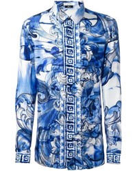 Мужская синяя шелковая рубашка с принтом от Versace