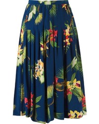 Синяя юбка-миди с цветочным принтом