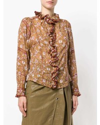 Табачная блузка с длинным рукавом с цветочным принтом от Isabel Marant Etoile