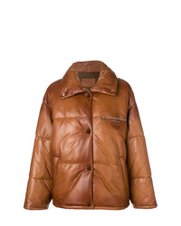 Женская табачная кожаная куртка-пуховик от Prada