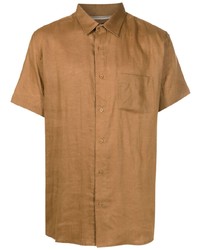 Табачная льняная рубашка с коротким рукавом