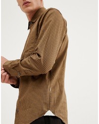 Мужская табачная рубашка с длинным рукавом в мелкую клетку от BOSS