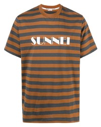 Мужская табачная футболка с круглым вырезом в горизонтальную полоску от Sunnei