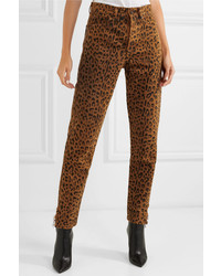 Женские табачные джинсы с леопардовым принтом от Saint Laurent