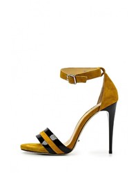 Табачные кожаные босоножки на каблуке от Vitacci
