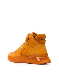 Мужские табачные кожаные высокие кеды от Balmain