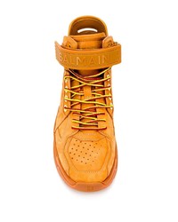 Мужские табачные кожаные высокие кеды от Balmain
