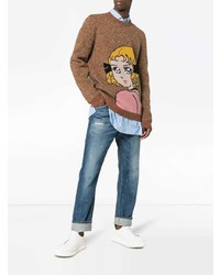 Мужской табачный свитер с круглым вырезом с принтом от Gucci