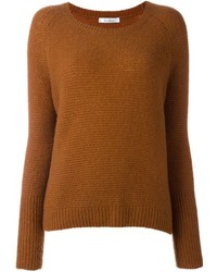 Табачный шелковый свитер с круглым вырезом