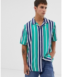 Мужская темно-бирюзовая рубашка с коротким рукавом в вертикальную полоску от Tommy Jeans