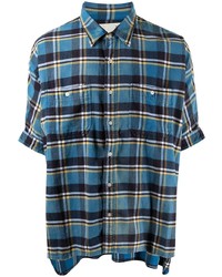 Мужская темно-бирюзовая рубашка с коротким рукавом в шотландскую клетку от R13
