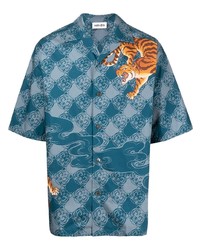 Мужская темно-бирюзовая рубашка с коротким рукавом с принтом от Kenzo