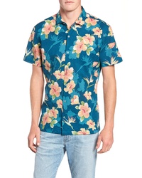 Темно-бирюзовая рубашка с коротким рукавом с цветочным принтом
