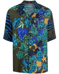 Мужская темно-бирюзовая рубашка с коротким рукавом с цветочным принтом от Versace