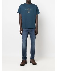 Мужская темно-бирюзовая футболка с круглым вырезом с вышивкой от Herno