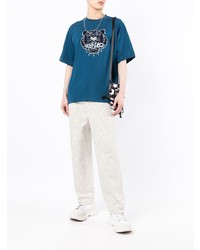 Мужская темно-бирюзовая футболка с круглым вырезом с вышивкой от Kenzo