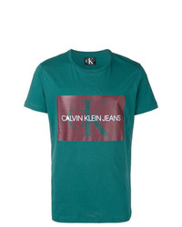 Мужская темно-бирюзовая футболка с круглым вырезом с принтом от Calvin Klein Jeans