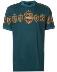 Мужская темно-бирюзовая футболка с круглым вырезом с принтом от Dolce & Gabbana