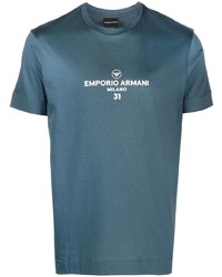 Мужская темно-бирюзовая футболка с круглым вырезом с принтом от Emporio Armani