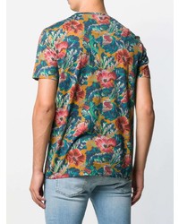 Мужская темно-бирюзовая футболка с круглым вырезом с цветочным принтом от Etro