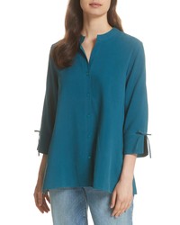 Темно-бирюзовая шелковая блузка с длинным рукавом