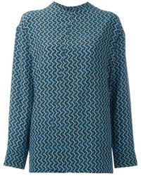 Темно-бирюзовая шелковая блузка с принтом