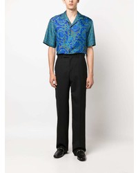 Мужская темно-бирюзовая шелковая рубашка с коротким рукавом с принтом от Versace