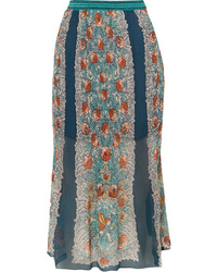 Темно-бирюзовая шелковая юбка-миди с цветочным принтом