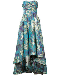 Темно-бирюзовое вечернее платье из парчи с цветочным принтом от Marchesa