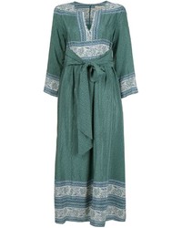 Темно-бирюзовое шелковое платье-миди с принтом