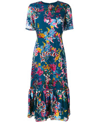 Темно-бирюзовое шелковое платье с принтом от Saloni