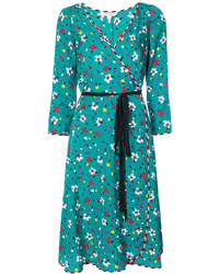 Темно-бирюзовое шелковое платье с цветочным принтом от Marc Jacobs